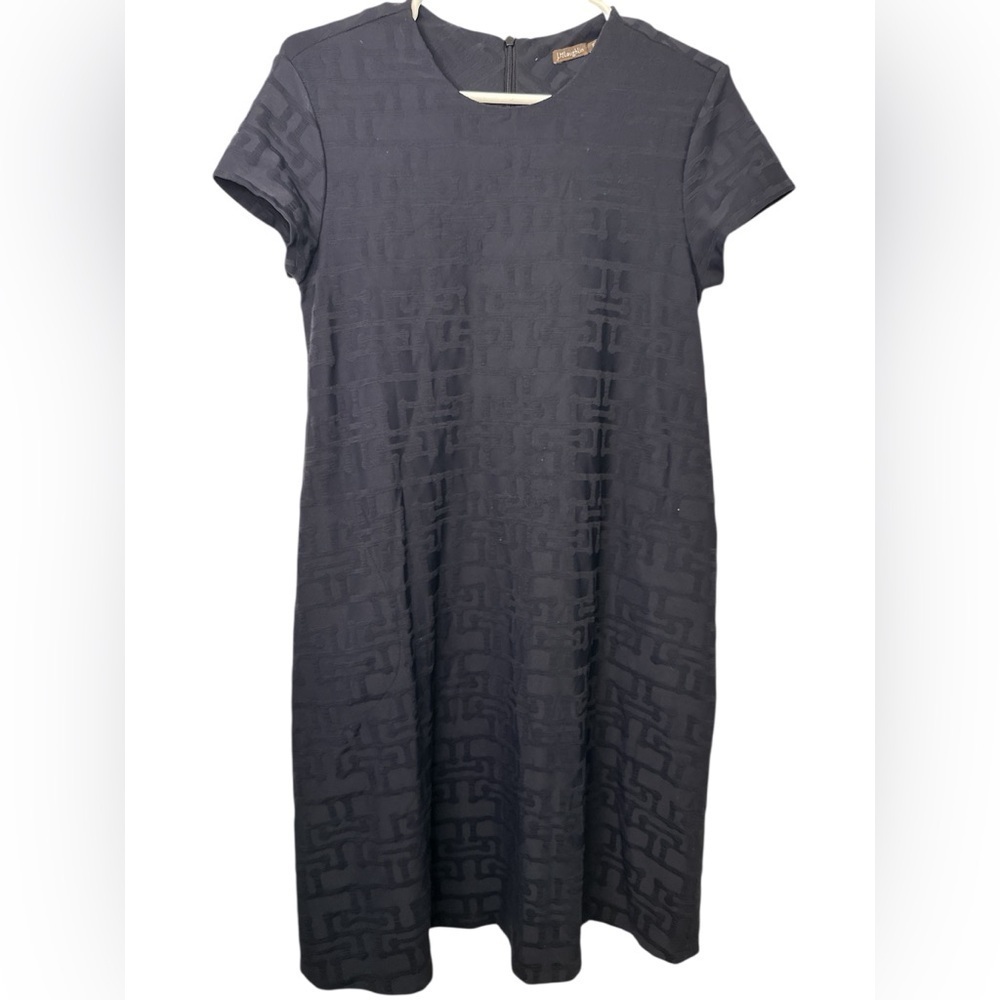 J.McLaughlin Black Textured Knit Jacquard Crew Neck Cap Sleeve Swing Dress